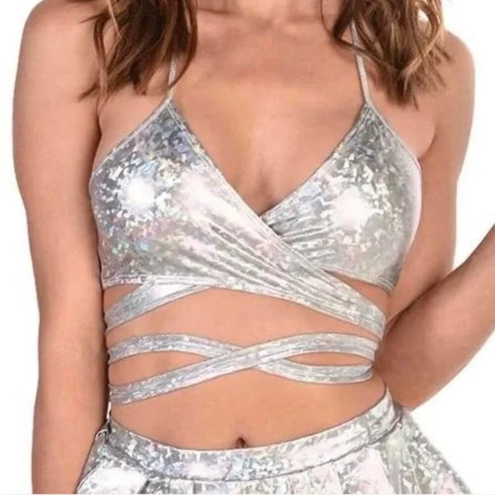 NWOT iheartraves Silver Holographic Rainbow Wrap Crop Top 3X